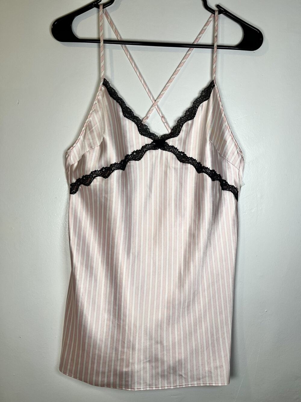 Victorias Secret Baby Doll Camisole Satin Night Top Y2K Pink Stripe Lace Size M